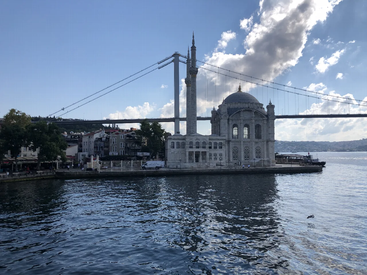 Mezquita de Ortaköy junto al agua con el puente del Bósforo detrás.